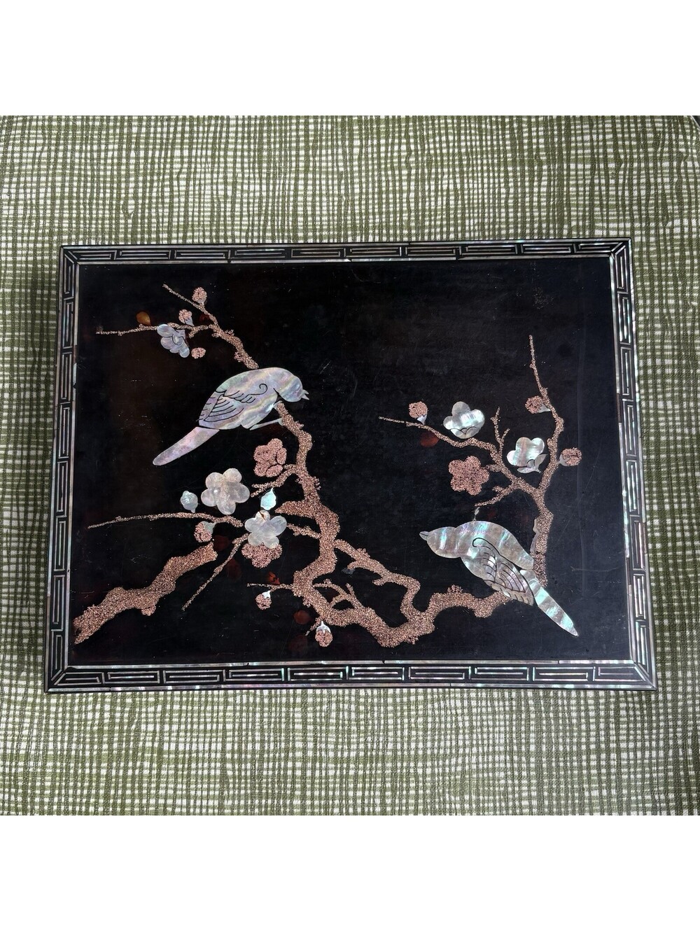 Vintage Japanese Black Lacquer Mother of Pearl Inlay Bird Floral Keepsake Box
